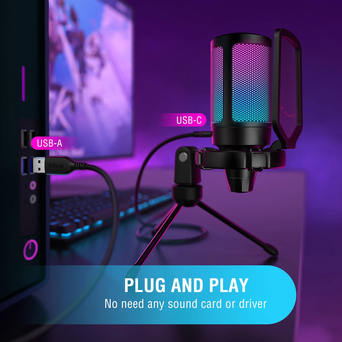 FIFINE Ampligame USB-микрофон для потоковой передачи игр с поп-фильтром, амортизирующим креплением и контролем дождя, конденсаторный микрофон для ПК/MAC-A6V