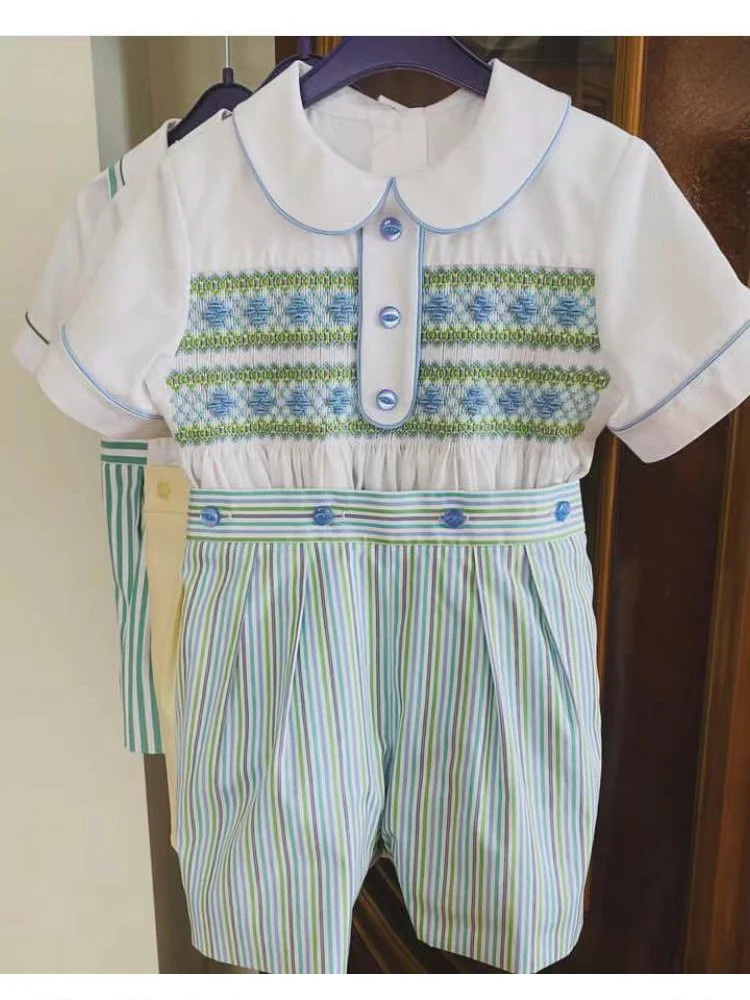 0-3Y Boy Summer Blue Smocked White Outfit Suit