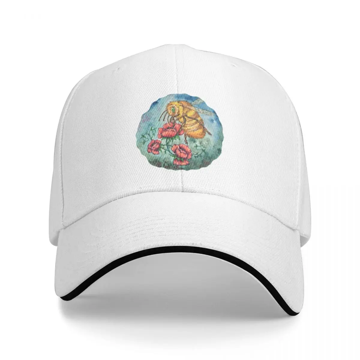 Watercolour bee collecting pollen from red flowers Cap Baseball Cap Golf hat man mens hat Women's