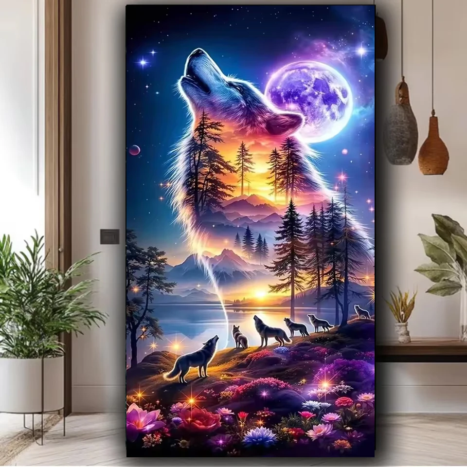 DIY Diamond Painting Moon Wolf Group Animal Flower 5D Full Drill Mosaic Diamond Embroidery Forest Craft And Art Supplies