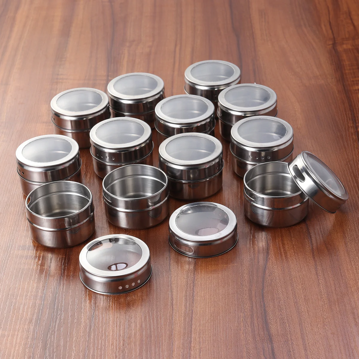 12Pcs Stainless Steel Magnetic Multi-Purpose Spice Storage Tins Clear Lid with Sift or Pour Magnetic on Refrigerator and Grill (