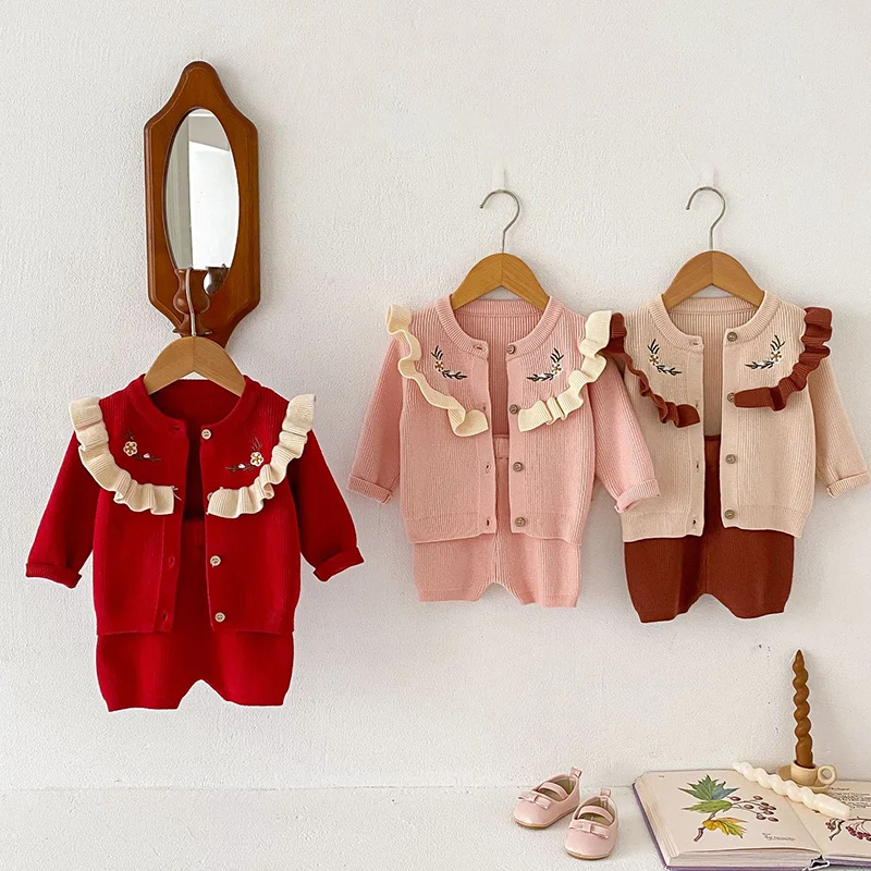 2024 New Autumn Children Long Sleeved Knitted Cardigan+Jumpsuit Newborn Baby Girls Clothing Set Toddler Baby Girl Clothes Suit