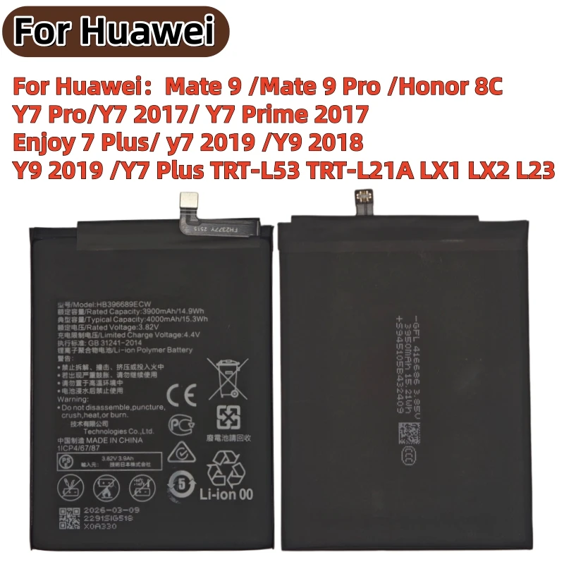 100% New Date HB396689ECW 4000mAh Battery For Huawei Mate 9 / 9 Pro Y7 2017 Honor 8C Y9 2018 2019 Version Enjoy 7 plus Batteries