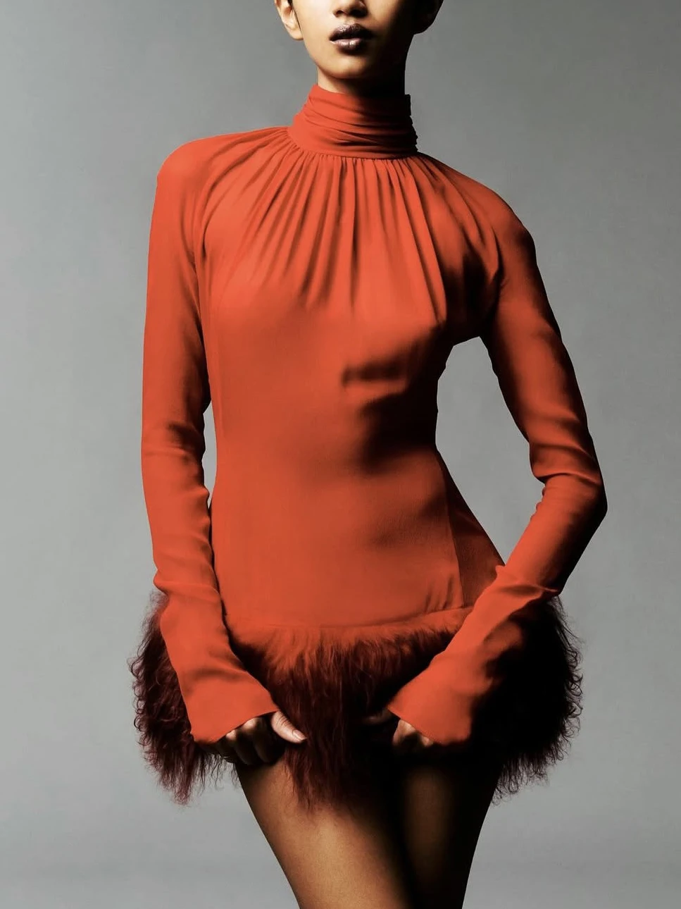 Ele pele sintética e chiffon Dr com camada transparente gola alta Sa plissados saia ortod para mulheres Par Wear