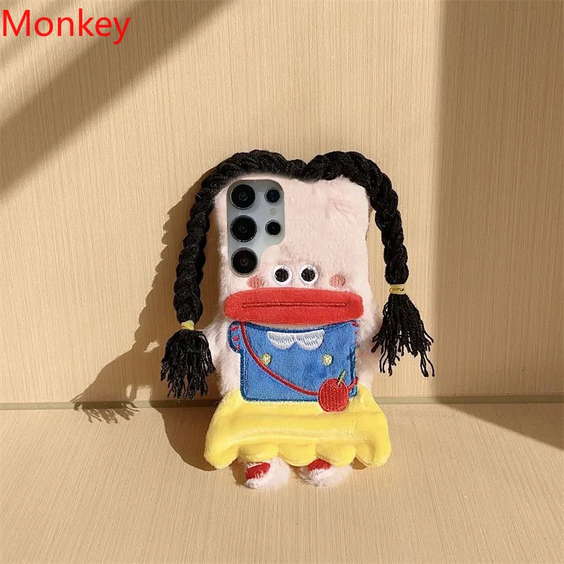 3D Cartoon Braided Girl Silicone Phone Case For Samsung S25 S24 S23 FE S22 S21 S20 S10 S9 Cute Warm Fur Sausage Mouth Cover Gift