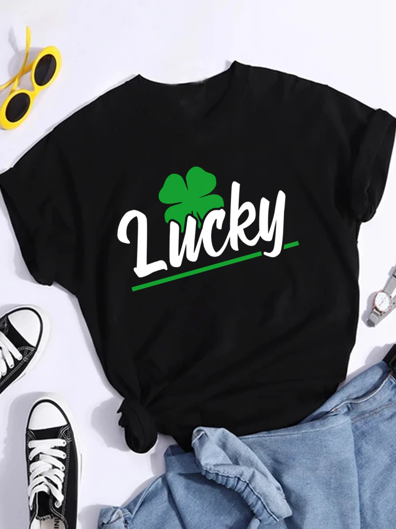 2024 LUCKY  Four Leaf Clover Print T-shirt for St. Patrick's Day Fashion Black Top Original Design