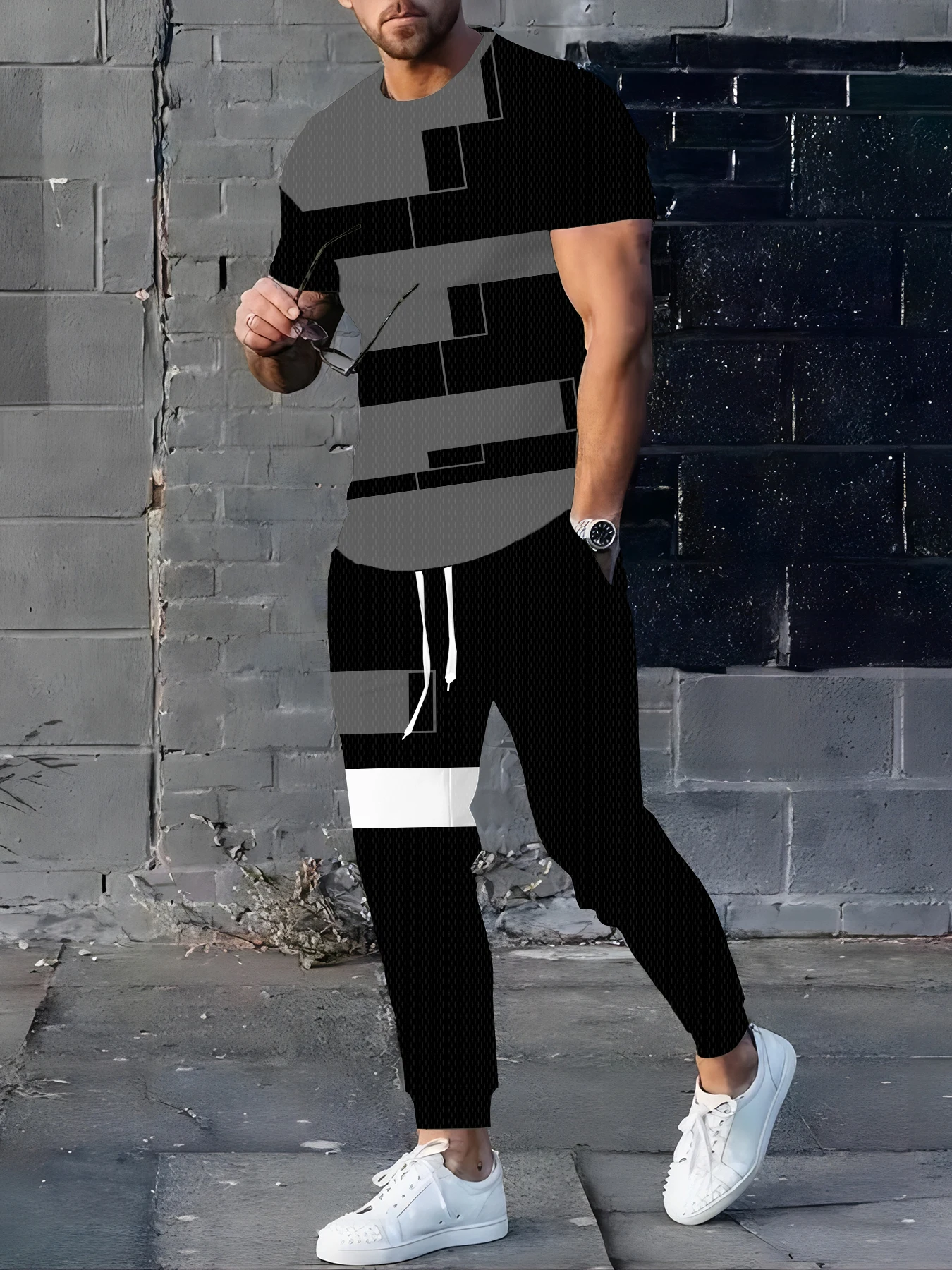 

Autumn Simple Color-blocking Printed Men's Casual Long Pants Set, Harajuku Street Fashion And Trendy Men's Autumn Set