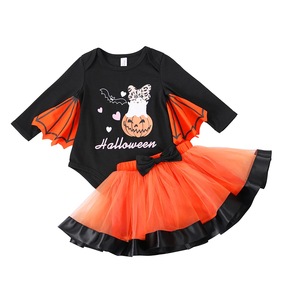 Halloween Baby Jumpsuit Pumpkin Head Skull Bones Infant Costume Bat Romper Long Sleeve Round Neck Button Suit 2Pcs Clothes Set