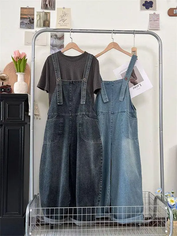 

plus Size Denim Overalls Women's Wide Leg Straight Cut Pants Retro Hong Kong Sle for Plump Sister Spring Summer