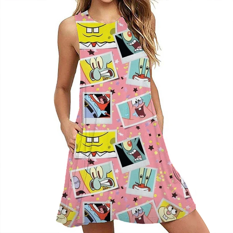 

2024 Summer New Sleeveless SpongeBob 3D Cartoon Print Dress Loose Comfortable Casual Dress Fashionable Women's Dress
