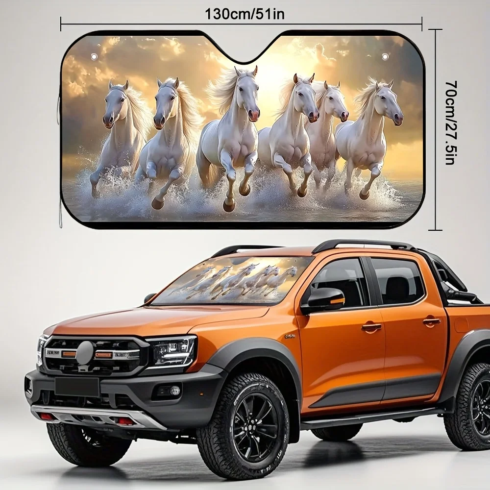 A Sunshade Featuring a Galloping Horse Design Equipped with Four Suction Cups It Is Foldable Easy to Set Up