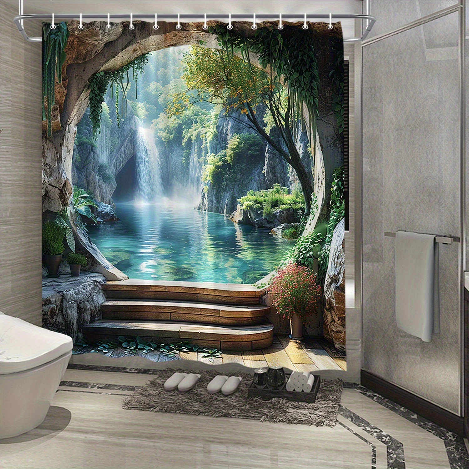 Tropical Waterfall Shower Curtain Polyester Machine Washable with 12 Hooks for Bathroom Decor