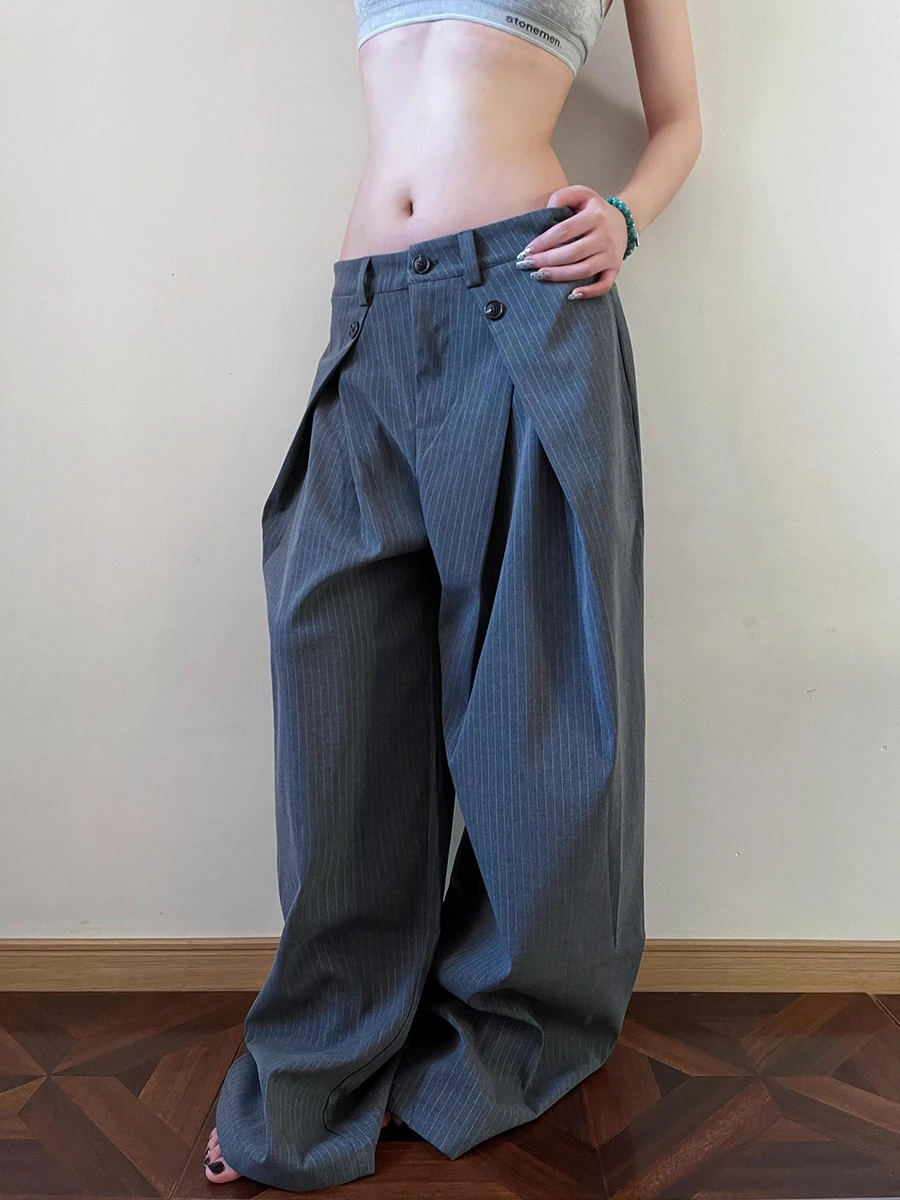 REDDACHiC Calças femininas listradas de pernas largas com bolsos para trabalho casual solto Cleanfit calças de terno plissadas escritório unissex bottoms