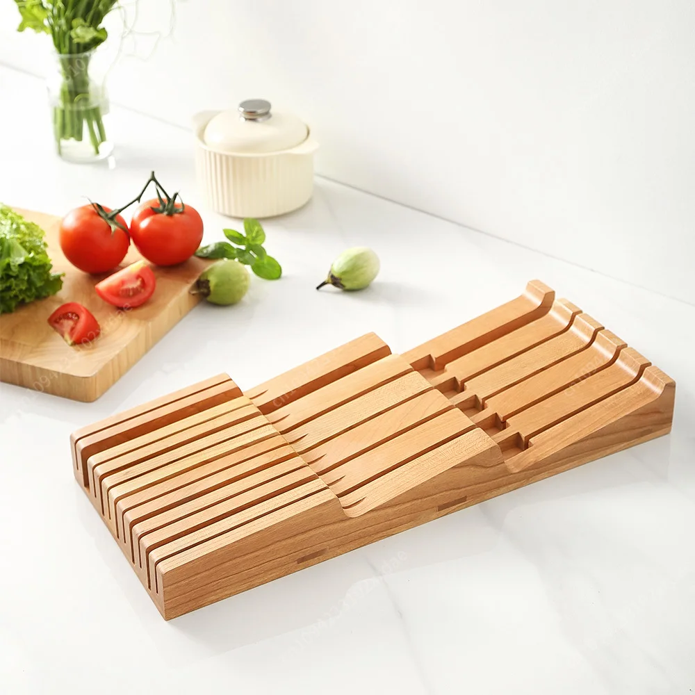 Universal In-drawer Knife Organizer 11 Slots Storage Kitchen Knives Tray Cherry Wood Holder