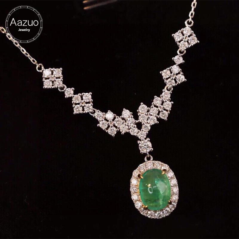 

Aazuo Banquet jewelry 18K White Gold Natural Emerald Real Diamond Flower Oval Necklace Gifted For Women Engagement Party Au750