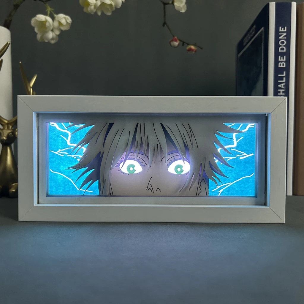 Lightbox lampu malam Manga 3d Papercut lampu meja kayu Jujutsu kassen kotak lampu Anime Satoru Gojo lampu wajah mata untuk dekorasi kamar tidur