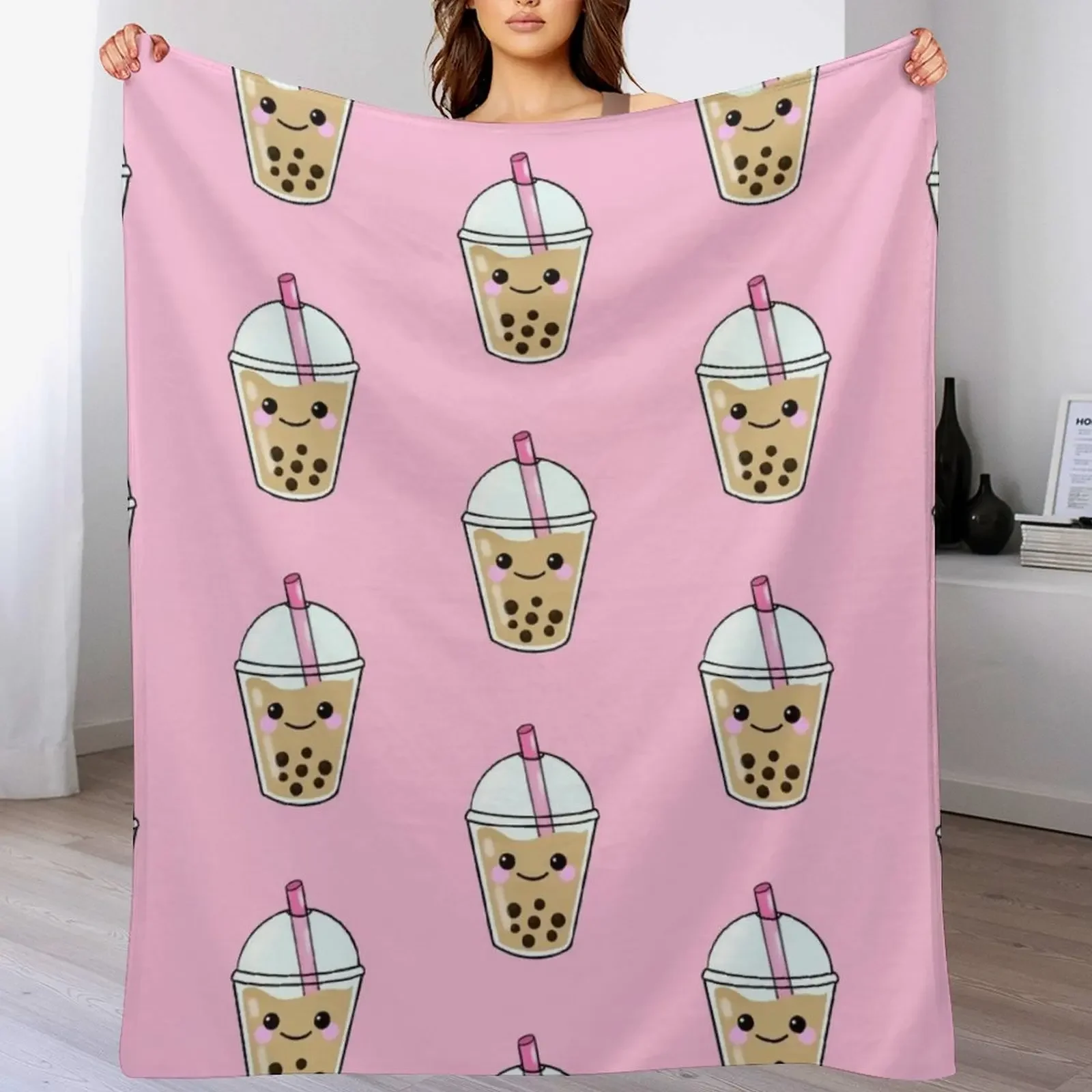 

Tapioca Classic Boba Milk Tea with Kawaii Face Throw Blanket Sleeping Bag Plush halloween Thins Blankets