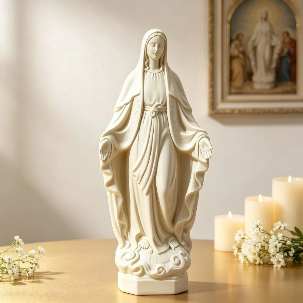 Virgin Mary Our Lady of Grace Resin Figurine Religious Home Decor Statue Indoor Ornament Gift for Living Room Bedroom Tabletop