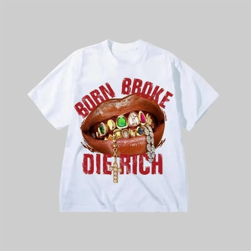 

BORN BROKE DIERCH Red Lips Printed T-shirt Women Men Hip Hop Street Style Top Spring/Summer Loose Short Sleeve Unisex T-shirt