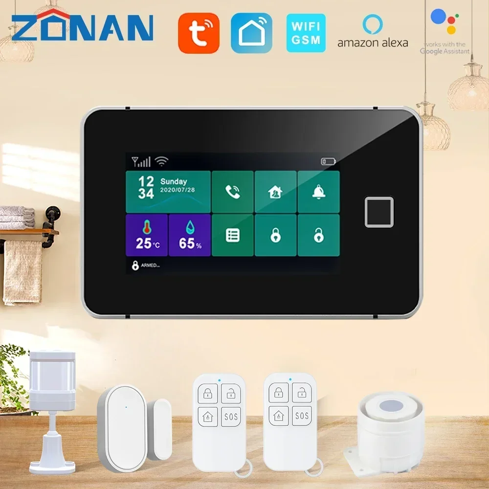 ZONAN G60 Tuya WiFi Gsm Security Alarm System Temperature Humidity Display Fingerprint Arming Apps Control Wireless Alarm Kit