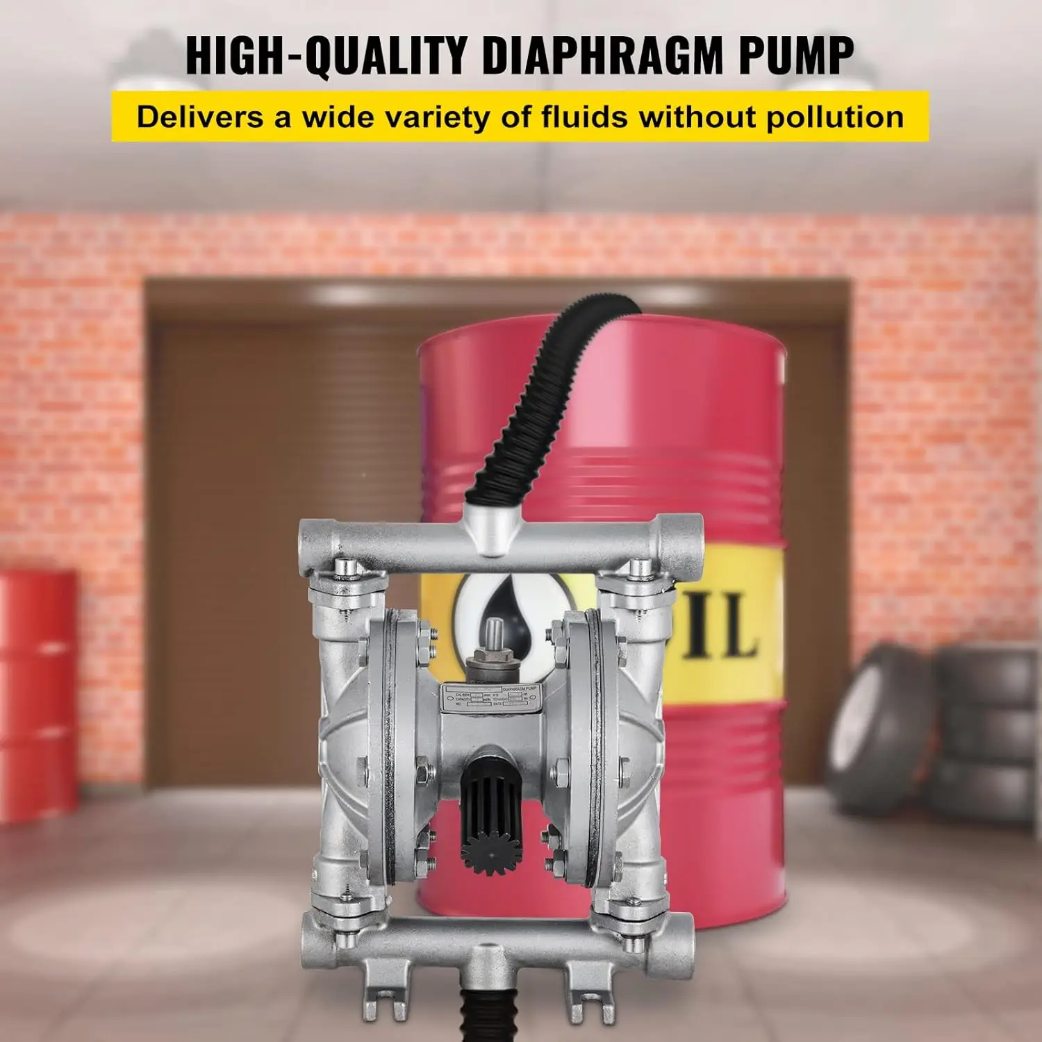 Air-Operated Double Diaphragm Pump, 1/2 in Inlet & Outlet, Stainless Steel Body, 8.8 GPM & Max 120PSI, PTFE Diaphragm