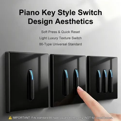 Luxury Black Tempered Glass Piano Key Switch Socket EU UK 86mm Standard Minimalist Style Bedroom Home Office Villa Decoration