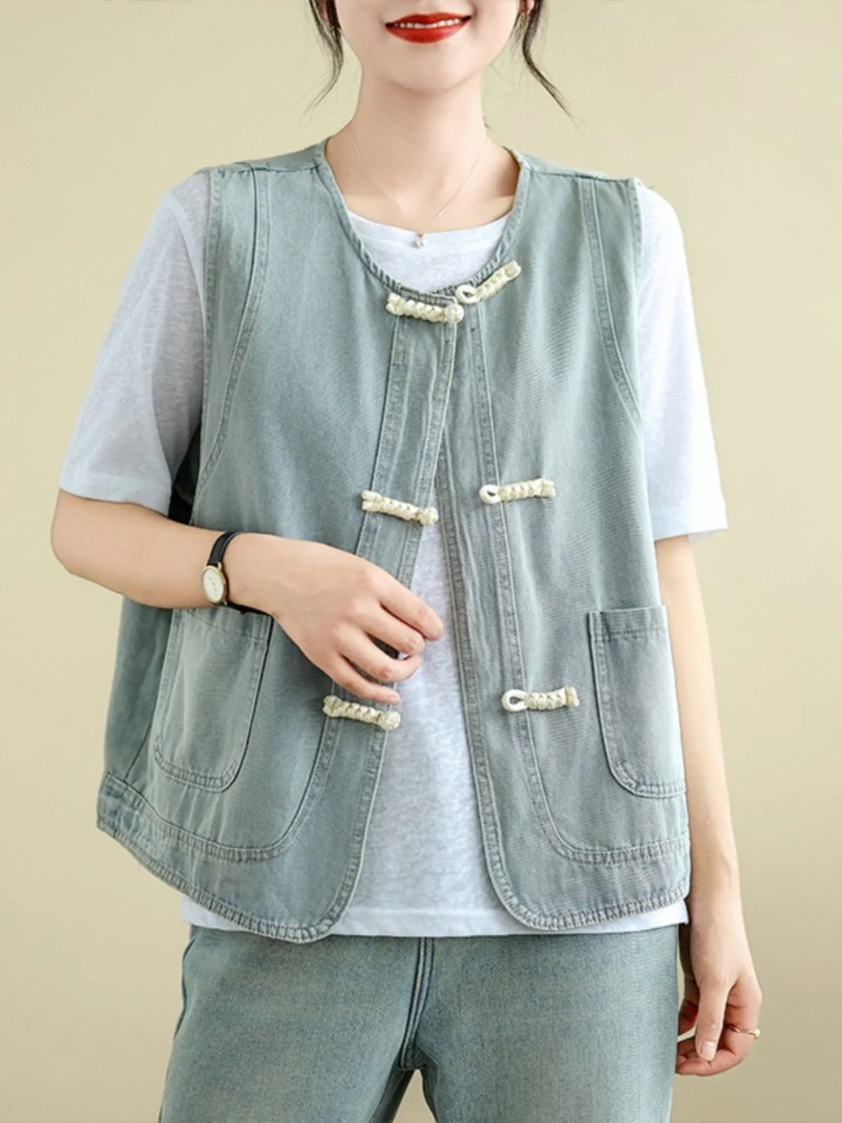 

Новый китайский джинсовый жилет на пуговицах, женский летний ретро-тренд, повседневный универсальный топ с подплечниками