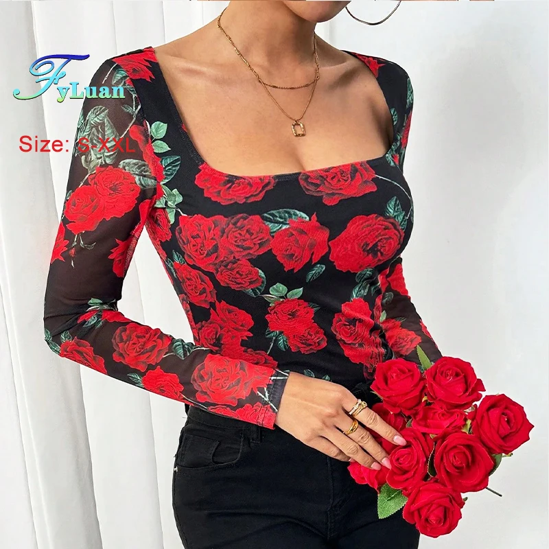 2025 النمط الفرنسي U الرقبة المرأة تي شيرت رومانسية زهرة الورد شبكة مطبوعة ساحة طوق كم طويل البلوز أنيقة سليم #2