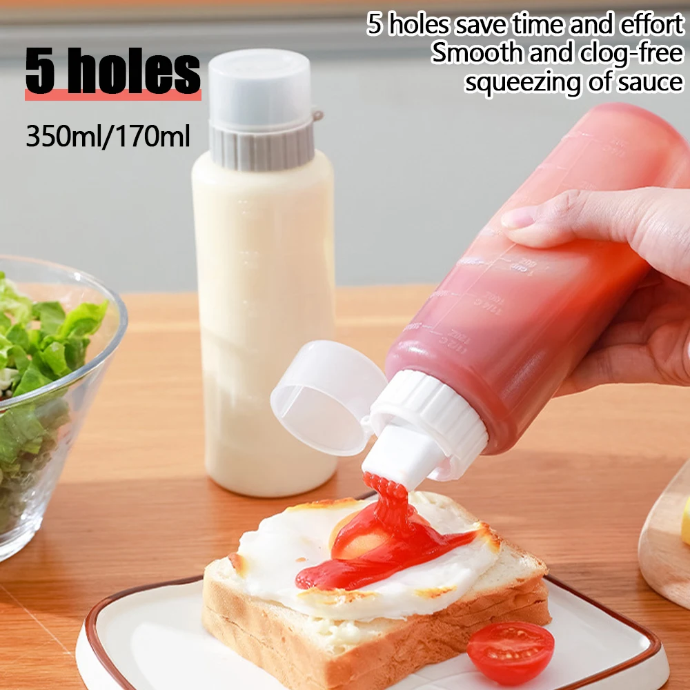 Botella exprimidora de condimentos con 5 agujeros de 350Ml, botella de mostaza de salsa de cocina, dispensador de miel de mayonesa transparente, almacenamiento de salsa