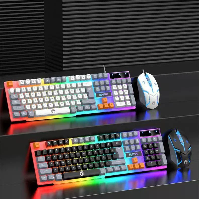 Conjunto de teclado e mouse para jogos mecânicos com fio retroiluminado RGB tricolor T26 com conexão USB