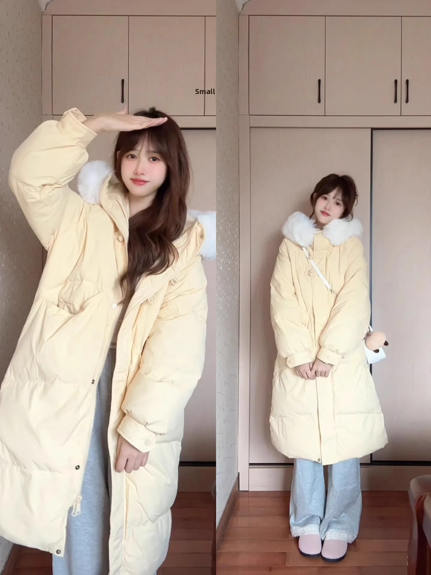 

Корейский Sle Fufu Long Thiened Winter Jaet, женское свободное теплое хлопковое пуховое пальто с меховым воротником, пальто средней длины с капюшоном