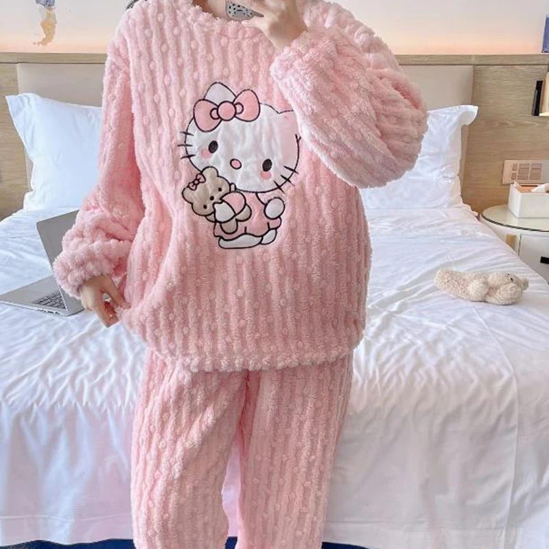 New Hello Kitty Coral Velvet Pajamas Women\'S Autumn And Winter Flannel Padded Trousers Sweet Cartoon Cute Home Service Suit