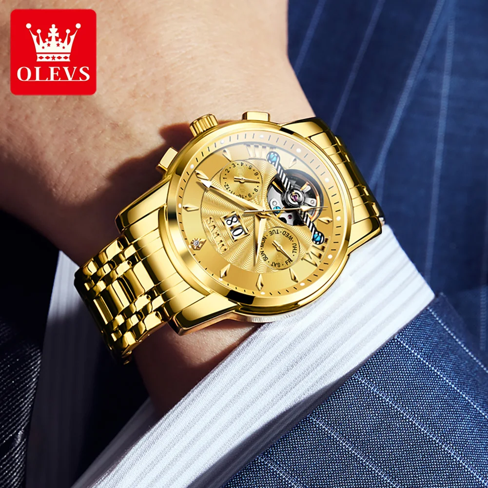 OLEVS 9965 Hot Sale Men's Watches Original Stainless Steel Hollow Flywheel Multi_functional Automatic Mechanical Watches for Man