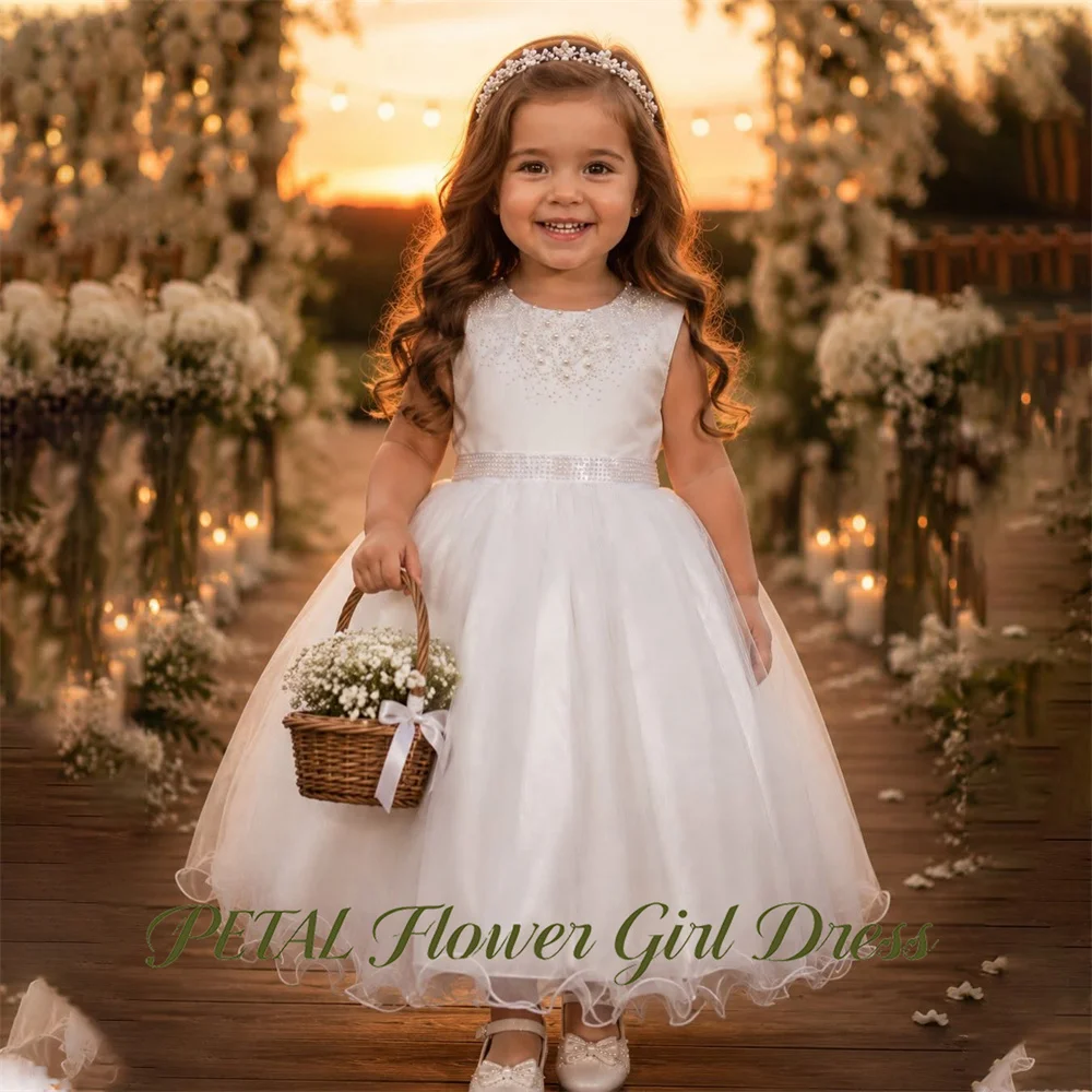 Petal Pearl and Rhinestone On Chest Kids Birthday Party Dress with Waist Sash Back Big Bow Tutu Fluffy Prom Gown Customized