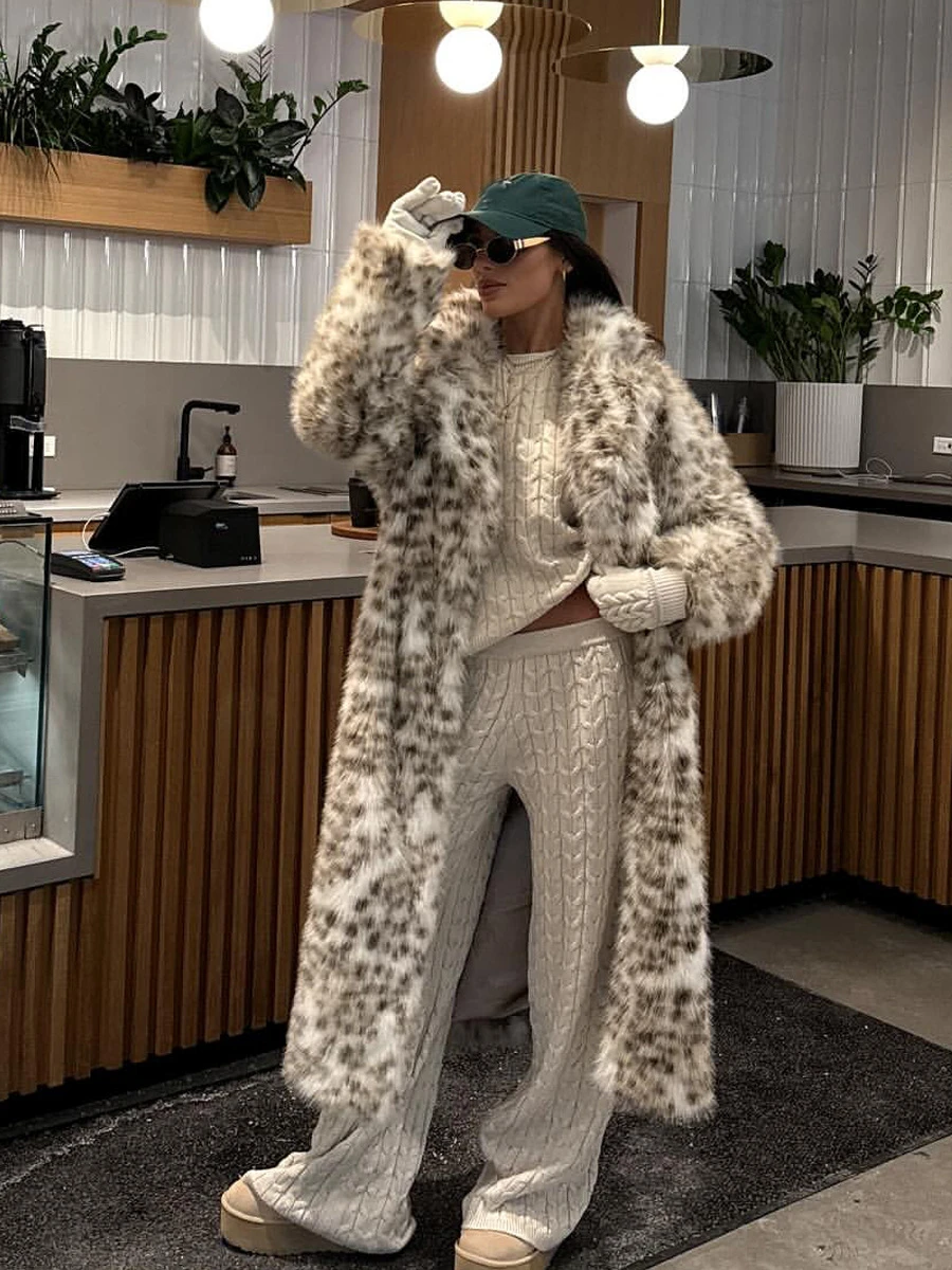 Women's Long Fluffy Faux Fur Coat Cream Spotted Open Front Winter Warm Thick Jacket Elegant Luxe Trendy Streetwear