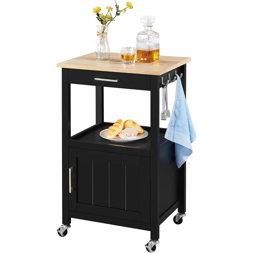 

Kitchen Island Trolley Cart with Drawer and Storage Cabinet, Wood Top Kitchen Cart Microwave Stand for Dining Room