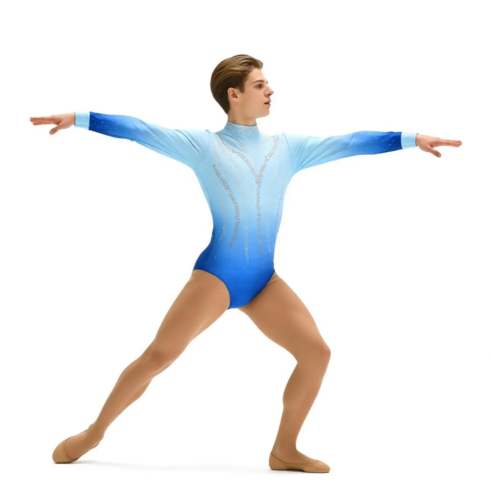 Herren Eiskunstlauf-Bodysuit mit Farbverlauf und Strass, Einteiliger Turnanzug für Gymnastik, Ballett und Aufführungen