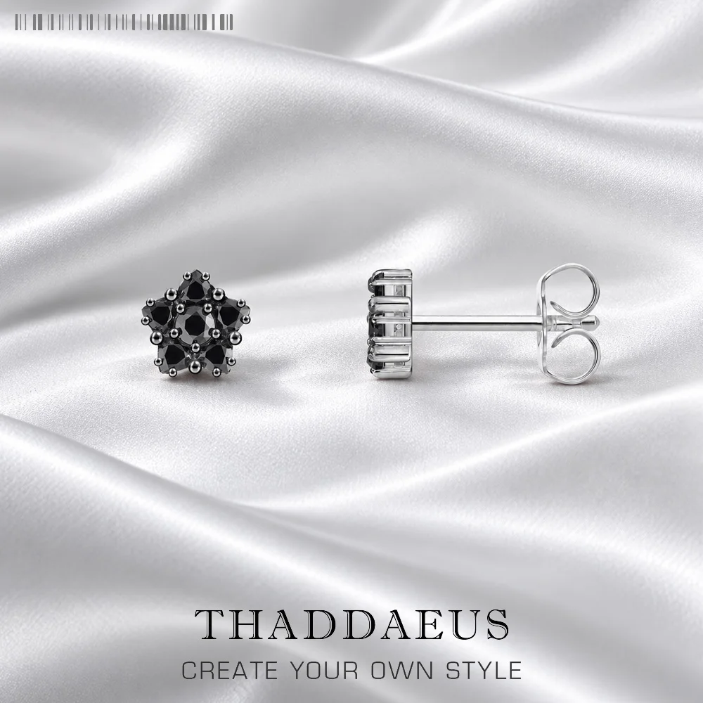 Black  Pentagonal Flower Stud Earrings Europe Style Glam Fine Jewerly For Women Romantic Gift In 925 Sterling Silver