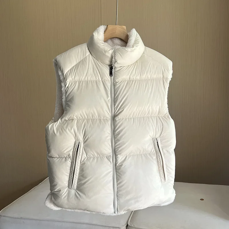 Débardeur en duvet pour femme, col montant chaud, Double face, nouvelle collection hiver européenne