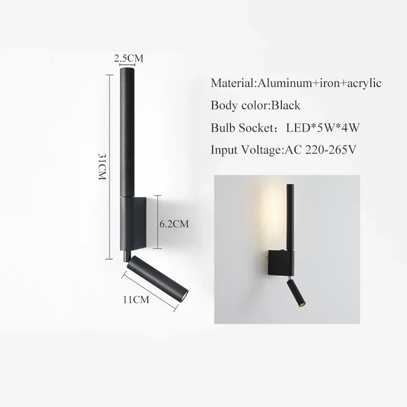 Black Long Wall Mount Bedside LED Night Reading Lamp with Switch Minimalist Modern Hotel Rotatable Wall Sconce Light Fixture