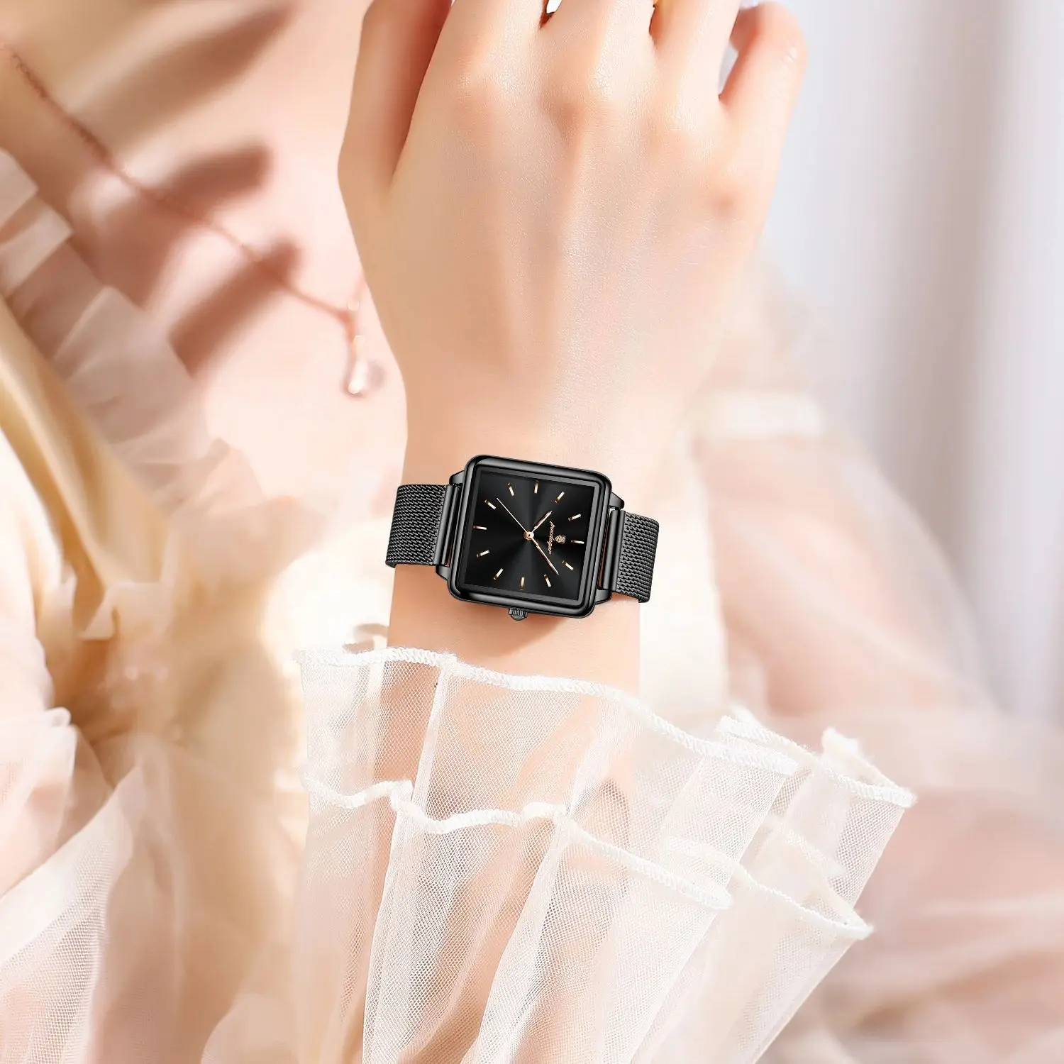 POEDAGAR أزياء العلامة التجارية السيدات ساعة اليد للماء شبكة الفولاذ المقاوم للصدأ امرأة ووتش أنيقة مربع الكوارتز الساعات النسائية Reloj