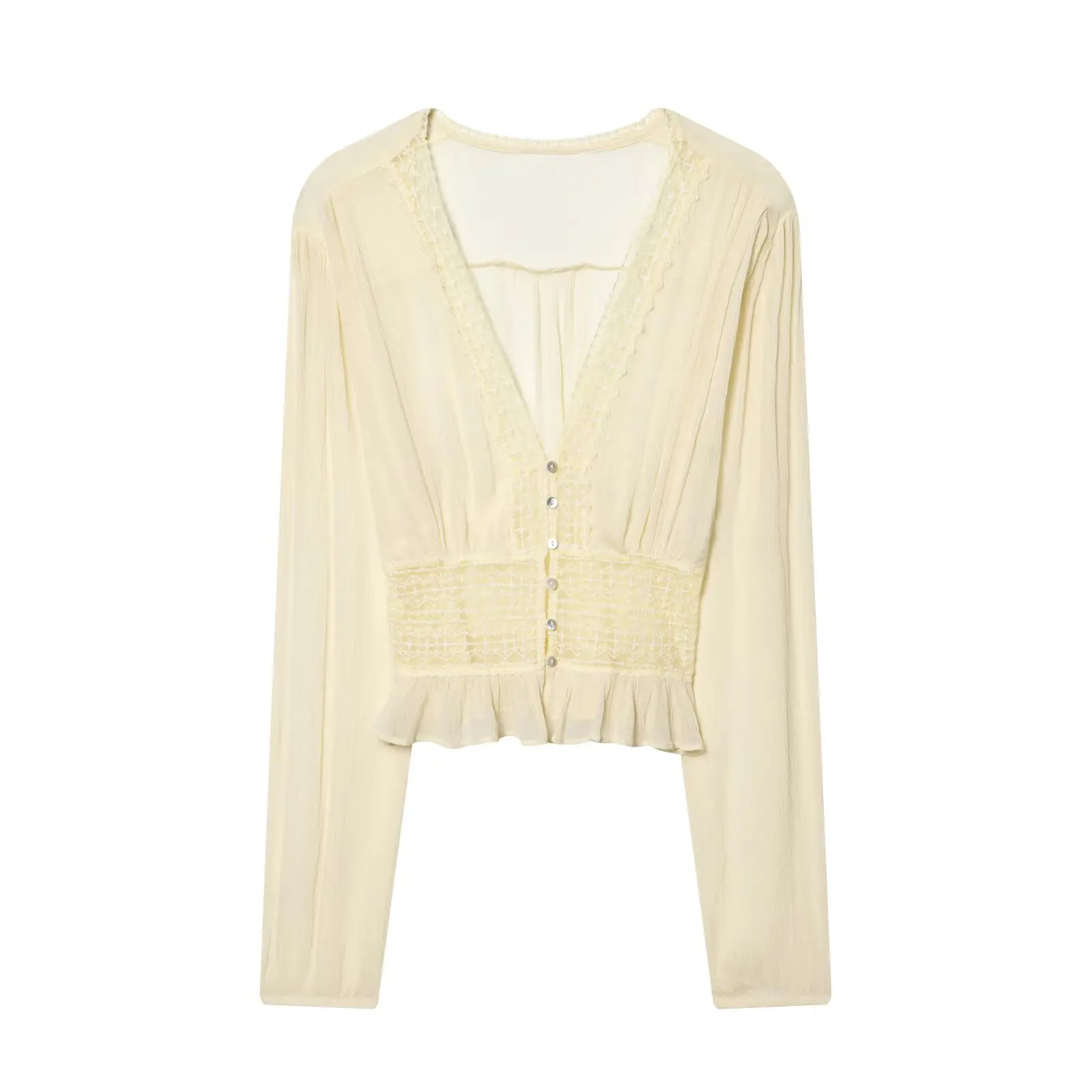 

2026 New Summer Women's Vintage Translucent Long Sleeve Lace Short Shirts Lady Elegant Beige Chiffon High Street Buttons Blouses