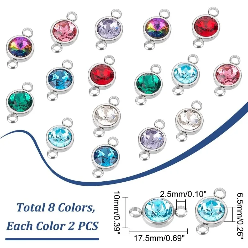 16pcs 8 Colors 2.5mm Hole 304 Stainless Steel Glass Charms Rhinestone Links Connectors Flat Round Birthstone Charm Crystal Glass