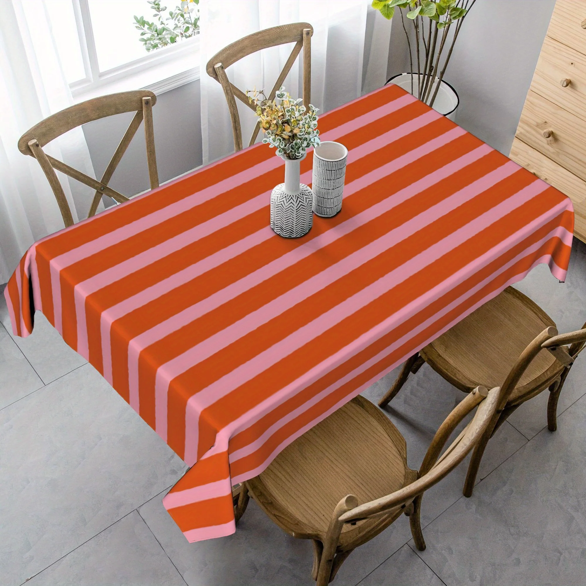 1pc Rose Striped Tablecloth - Orange & Pink Stripes, Durable Rectangular Table Cover for Farmhouse Kitchen, Dining Table Cover