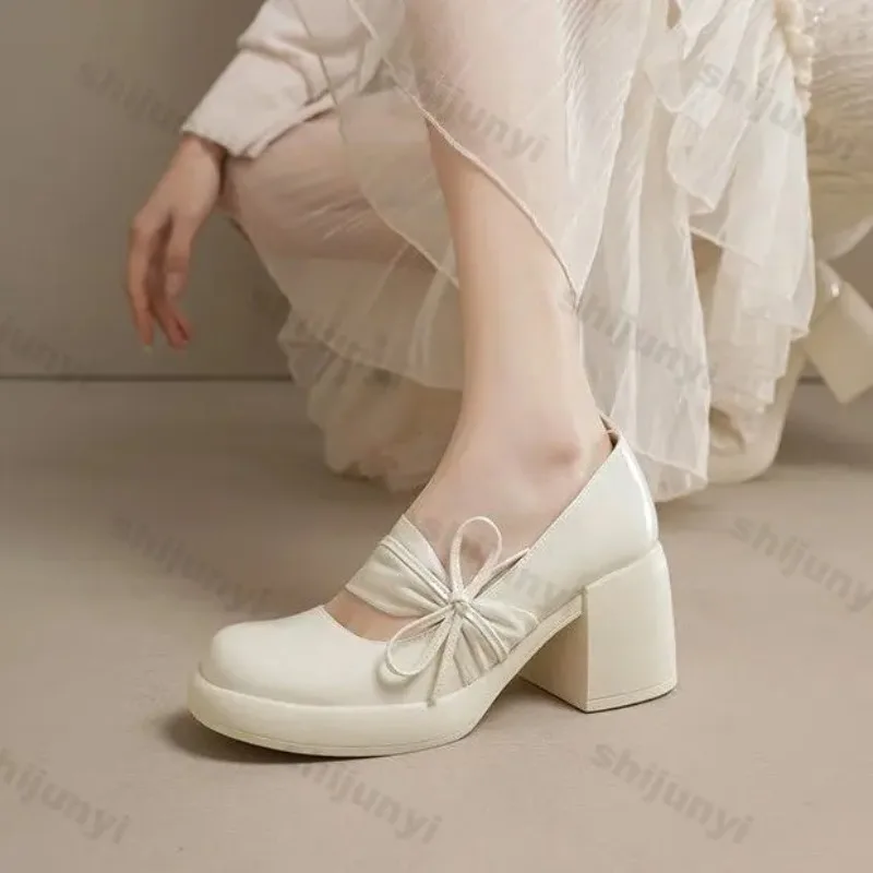 

Platform Mary Jane Shoes 2024 New Women's Shoes Women Thick Heels Designer Bowknot Lolita Shoes Round Toe Ankle Strap Pumps