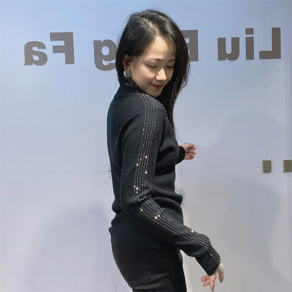 الملابس النسائية حجر الراين لينة عالية الرقبة قاعدة قميص للنساء الخريف الشتاء تنوعا أعلى التخسيس بلون الملابس الداخلية #3