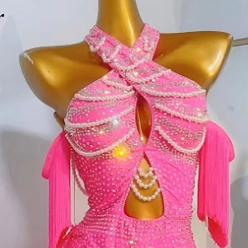 Latin Dance Costume Rhinestone Women's High-end Custom Cross Pearl Hollow Tassel Skirt Samba Performance Dress