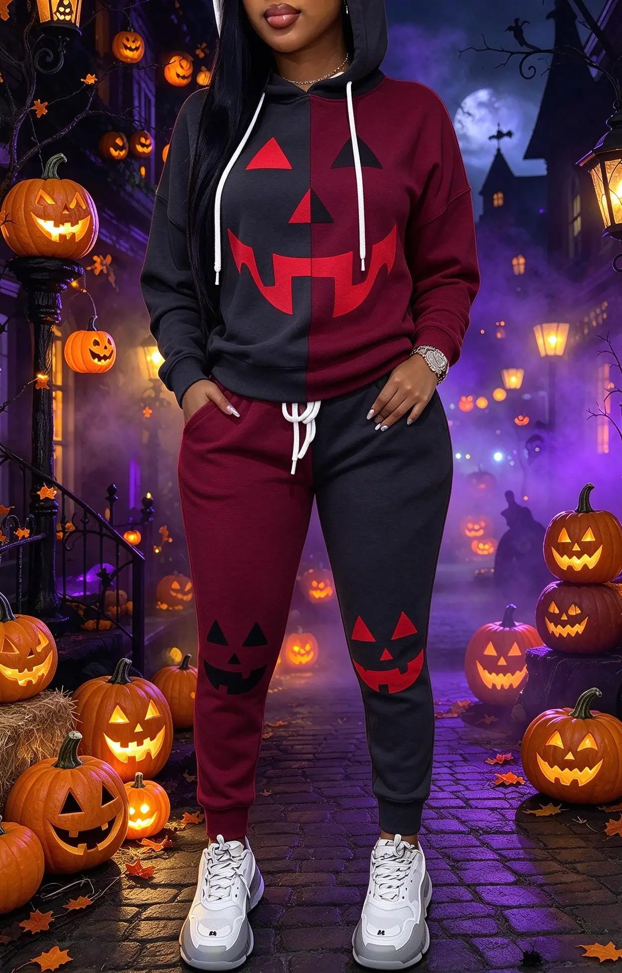 Women Halloween Color Block Hooded Tracksuit, Pumpkin Face Print Hoodie & Cuffed Jogger Pants 2 Piece Outfit view 2