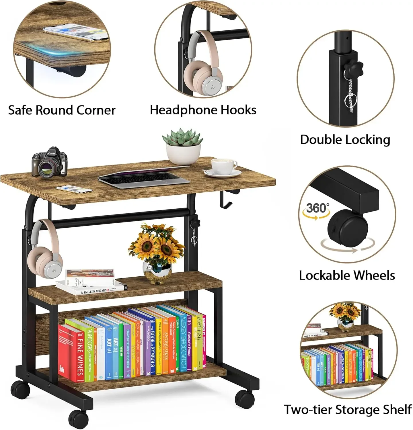 31 Inch School Desk, Portable Desk with Storage Rack, Mobile Scroll Computer Desk Suitable for Small Spaces