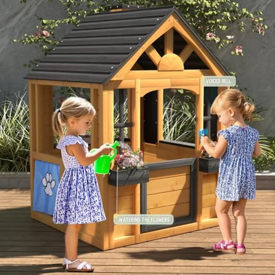 Outdoor Playhouse: Cedar Wood, Natural Color, Weather-Resistant Eco-Friendly with Kitchen, Pet Door, Sink, Stove, Cookware, Win